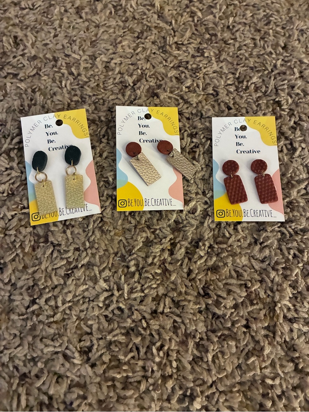 Set of Three Handmade Polymer Clay Earring Pairs - Green, Beige, Burgundy